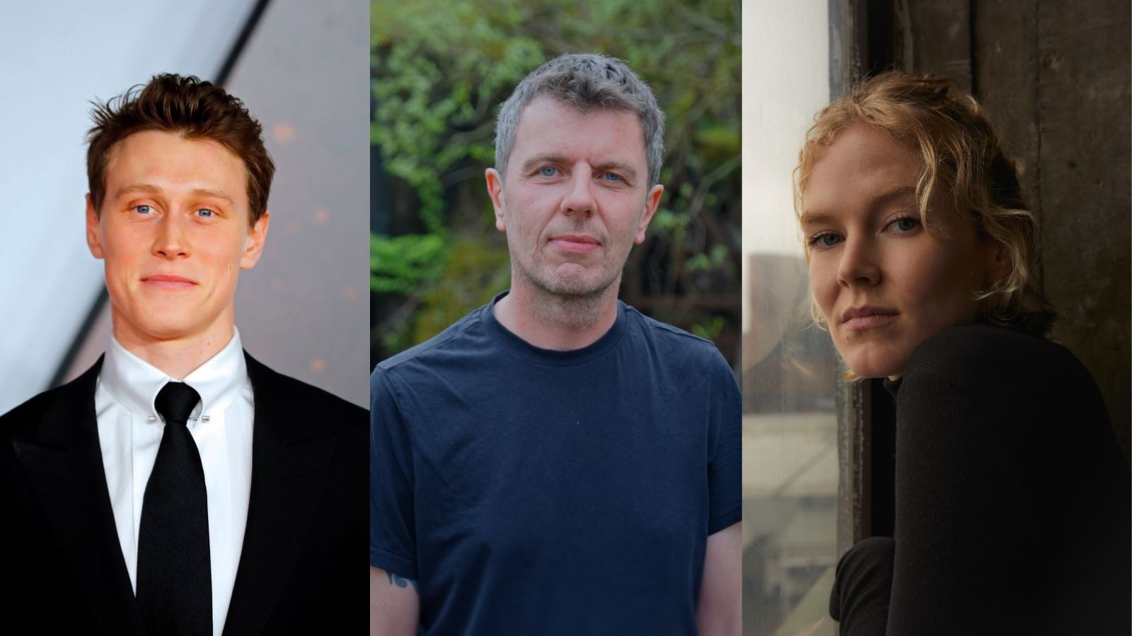 First image: Headshot of actor George MacKay, who wears a black suit and tie, and a white shirt. Photo by TOLGA AKMEN/AFP via Getty Images. Second image: headshot of director Paul Wright who wears a blue t-shirt. Photo by Nick Cooke. Third image: Headshot of actress Rosy McEwen, who looks at the camera, a window to her left. She wears a black top. Photo by Klara Waldberg