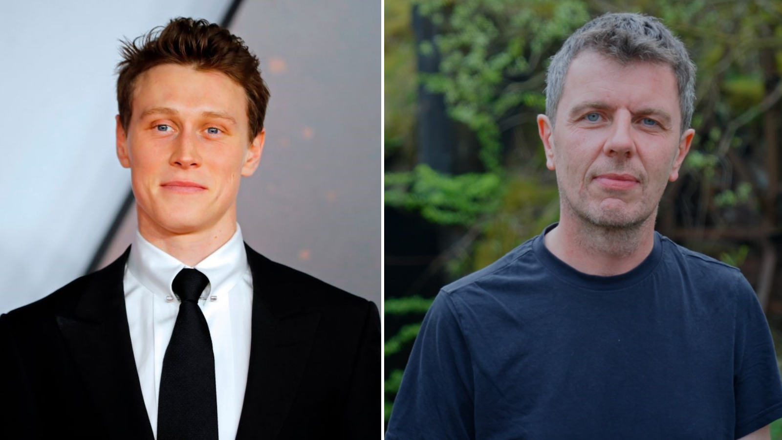 First image: Headshot of actor George MacKay, who wears a black suit and tie, and a white shirt. Photo by TOLGA AKMEN/AFP via Getty Images. Second image: headshot of director Paul Wright who wears a blue t-shirt. Photo by Nick Cooke.