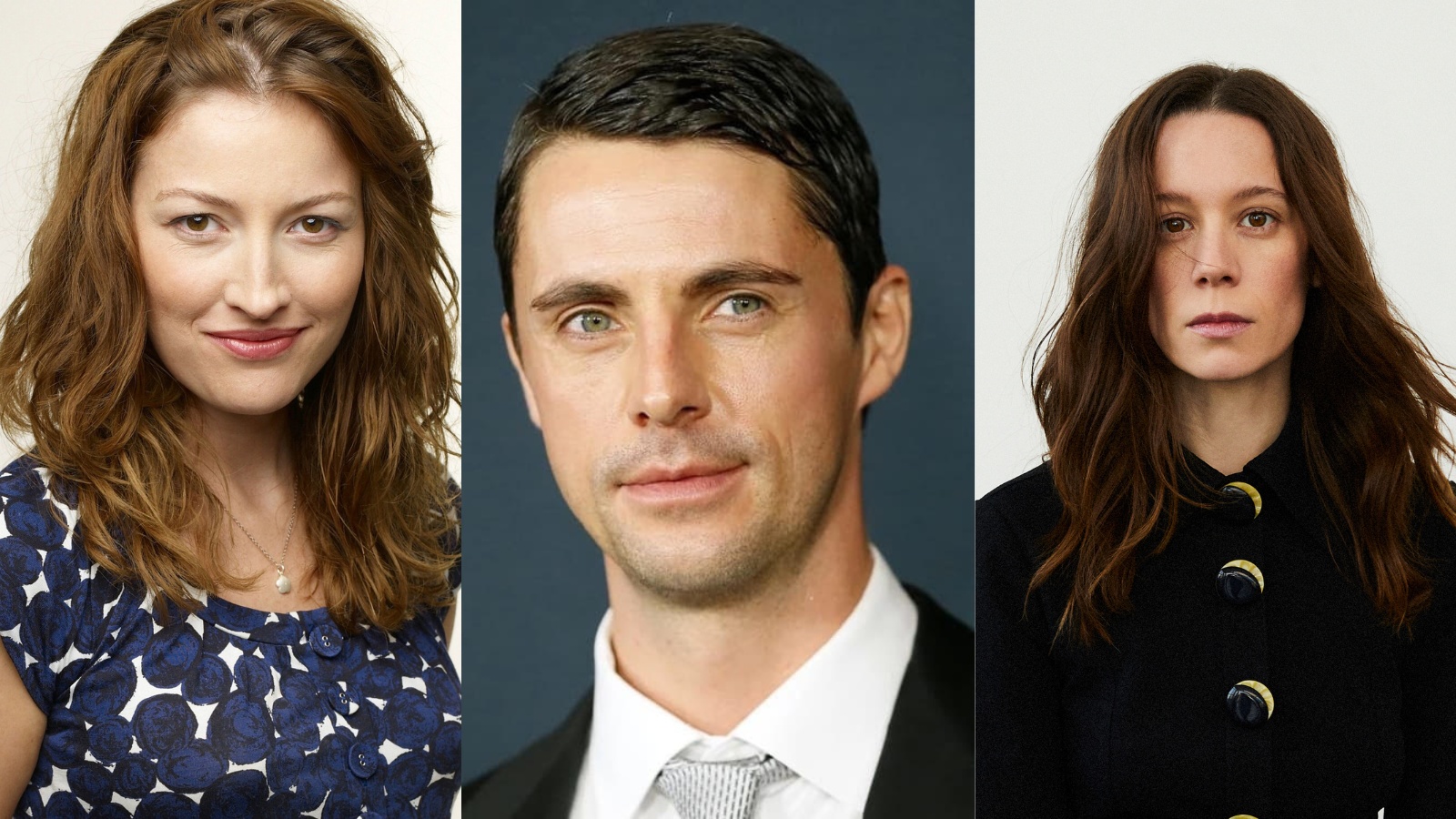 This image comprises three headshots of cast from television series Department Q, courtesy of Netflix. The first is of Kelly MacDonald, who wears a necklace and a white blouse with blue roses on it. The next headshot is of Matthew Goode, who were a black suit jacket, white shirt and silver tie. The final headshot in the image is Chloe Pirrie, who wears a black shirt with large black and gold buttons.
