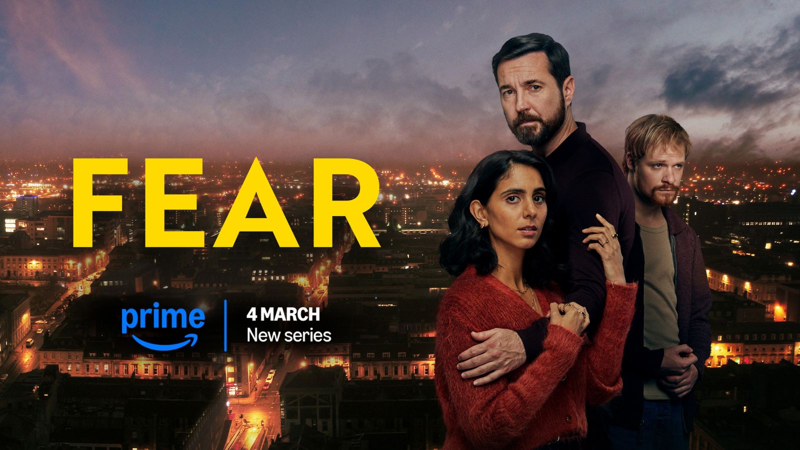 Key art from Fear featuring actors Martin Compston, Anjli Mohindra and Solly McLeod with the Glasgow skyline behind them. The word Fear is written in yellow text on the left of the image.