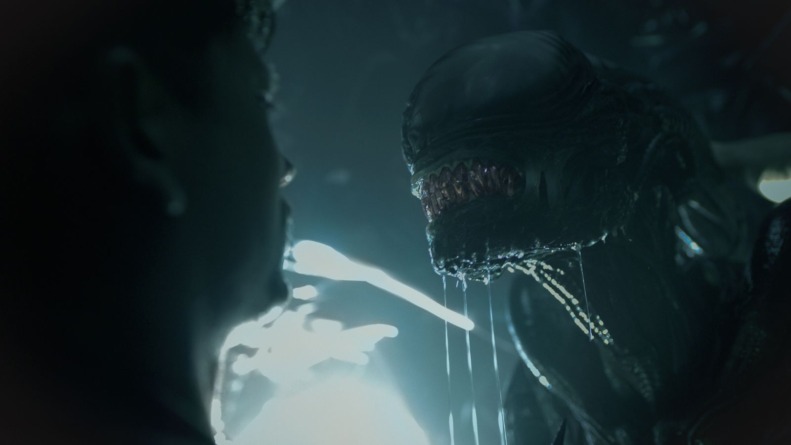 Still from Alien: Romulus which shows an alien looking aggressively at a man, who has his back to the camera. They are in a dimly lit spaceship.