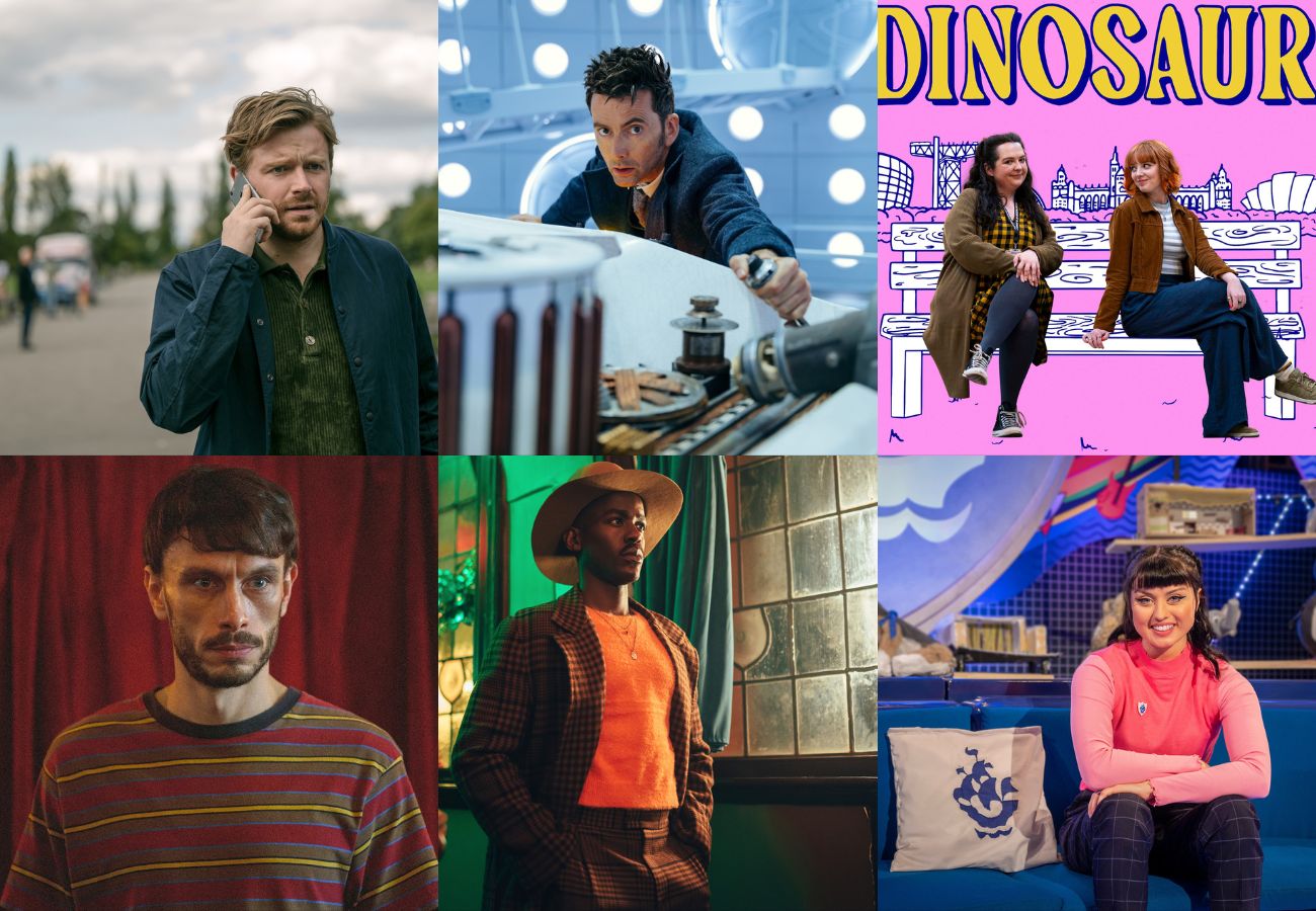 Two rows of images, totalling six, depicting this year's nominees for the BAFTA Audience Award. Top row, left to right, Jack Lowden - Slow Horses, David Tennant - Doctor Who, and Ashley Storrie - Dinosaur. Bottom row, left to right: Richard Gadd - Baby Reindeer, Ncuti Gatwa - Doctor Who, and Abby Cook - Blue Peter