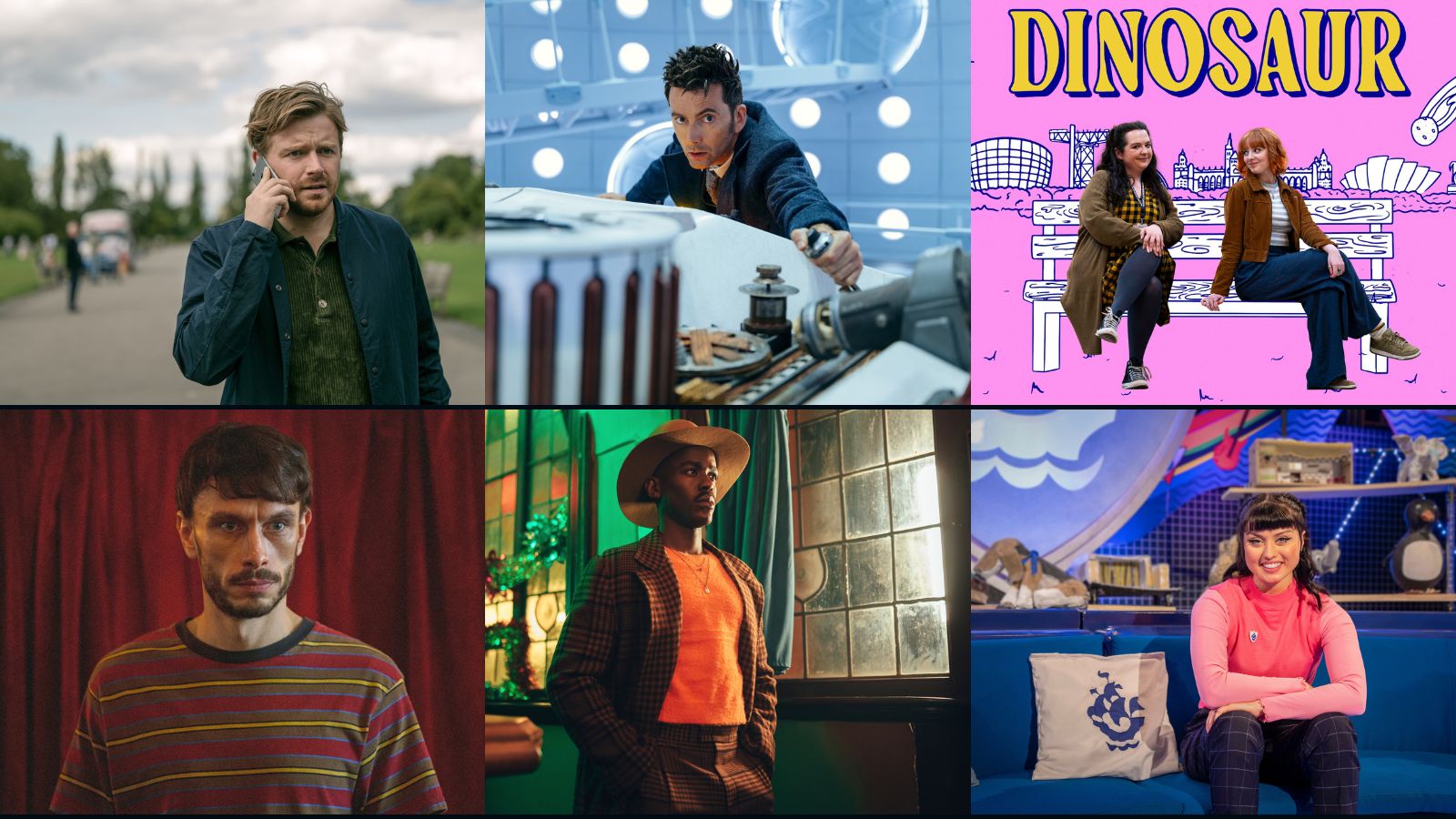 Two rows of images, totalling six, depicting this year's nominees for the BAFTA Audience Award. Top row, left to right, Jack Lowden - Slow Horses, David Tennant - Doctor Who, and Ashley Storrie - Dinosaur. Bottom row, left to right: Richard Gadd - Baby Reindeer, Ncuti Gatwa - Doctor Who, and Abby Cook - Blue Peter