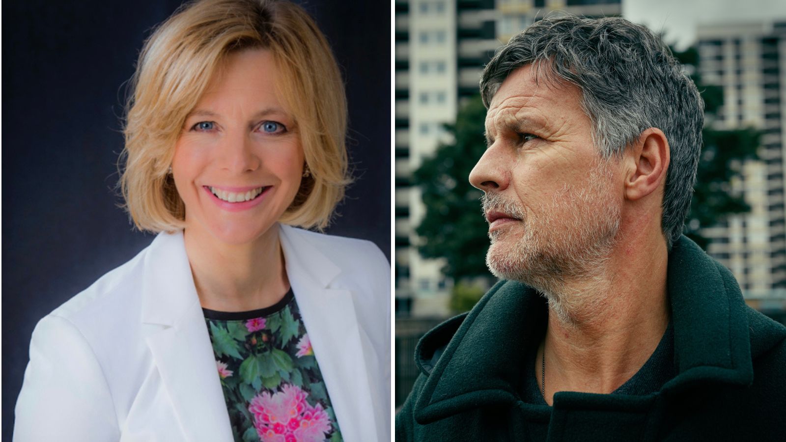 Side by side headshots of Hazel Irvine and Des Hamilton