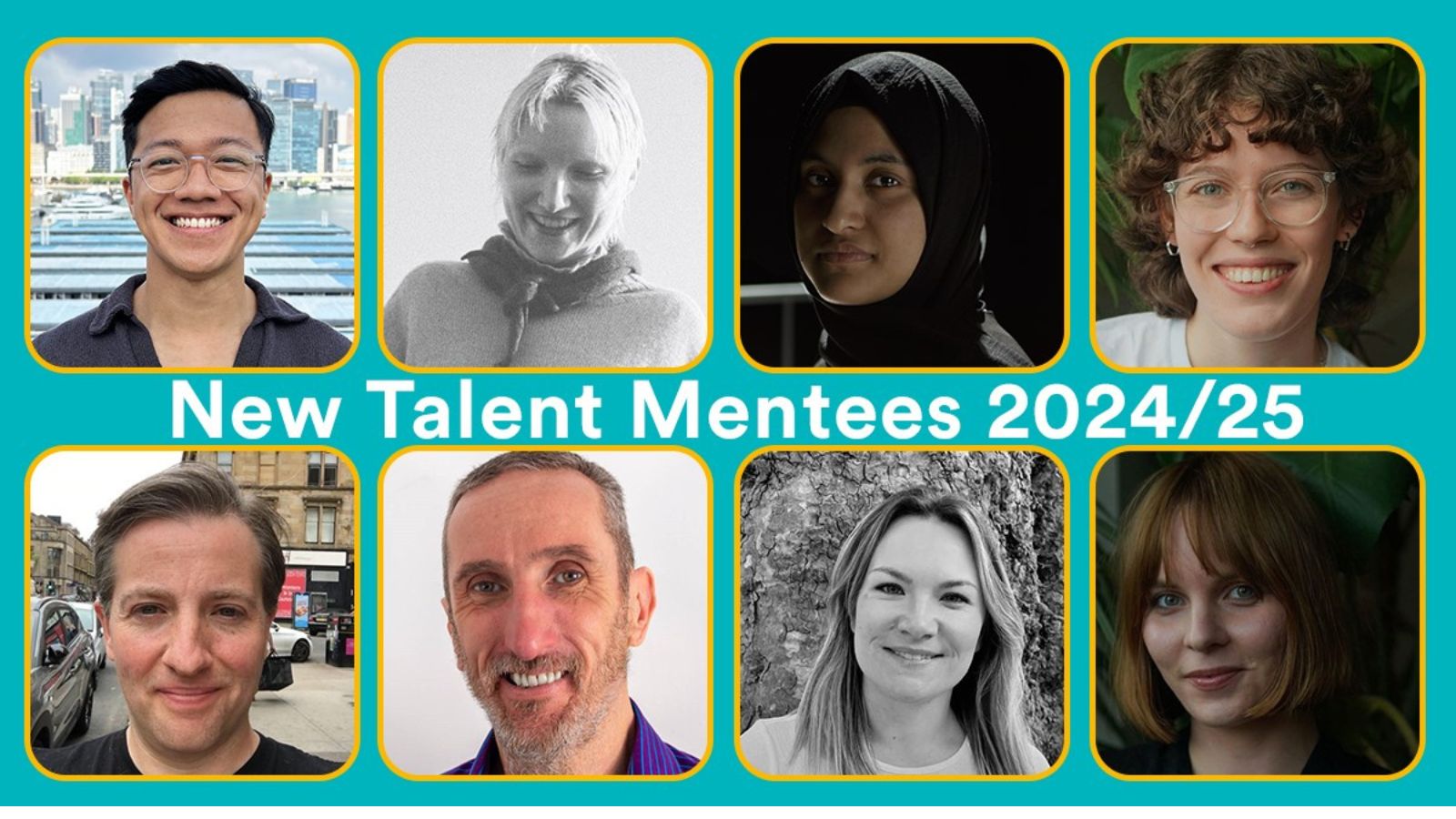 Headshots of the eight new talent mentees are shown in two rows of four. With the words New Talent Mentees 2024 / 25 in white text in the middle.