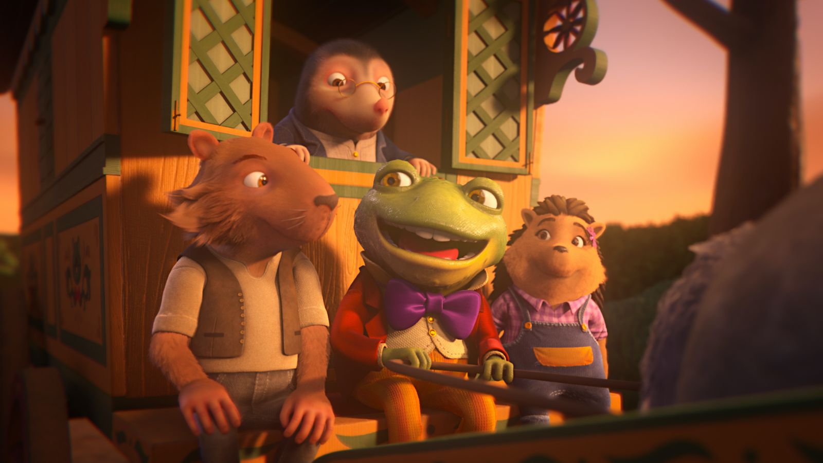 A still from the animated show Toad and Friends, showing CGI woodland creatures sitting together on a caravan.